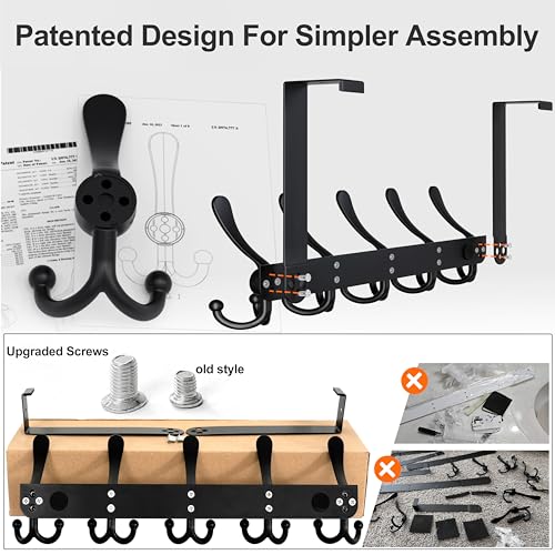 Over Door Hook 2.0 - Upgraded Version - Simple-Assembly, Strong, Heavy-Duty Stainless Steel 5-Tri-Hook Over The Door Hanger Rack, SimpleStrong Series, Black, Pack of 2 - color: Black