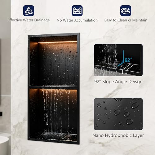 LED Shower Niche 12" X 24" RGB Shower Niche No Tile Needed | 304 Stainless Steel Shower Niche with Light, IP65 Waterproof Bathroom Niche for Shower, Remote Control, Static & Dynamic Mode - color: Matte Black-rgb, size: 12" X 24"