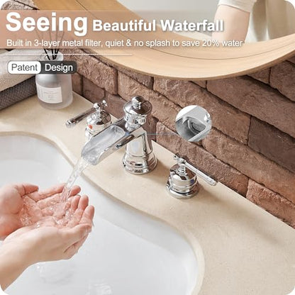 Chrome Widespread Waterfall Bathroom Faucet, Brass 3 Hole Bathroom Sink Faucet 4-16 Inch, 2 Handles with Supply Hose & Overflow Pop-Up Drain for Modern - color: Chrome - Fashion