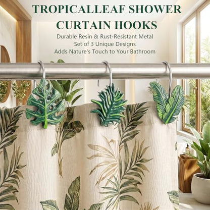 Leaves Shower Curtain Hooks - Modern Tropical Leaf Green Plant Leaf Decorative Stainless Steel Shower Rings Hangers for Mother Daughter Sister Friends Bathroom Accessories