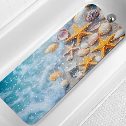 LNOND Summer Beach Bathtub Mat Non Slip, 40 X 16 Inch Tub Mat for Bathroom, Sea Beach Starfish Shell Bath Tub Shower Mat with Drain Holes and Suction Cups - color: Sea Starfish Shell Bathtub Mat