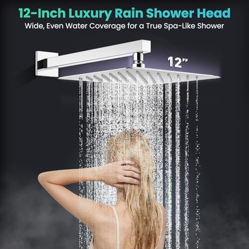 gotonovo 12 Inch Bathroom Shower Faucet Set with Slide Bar Polished Chrome | SUS304 Rainfall Shower Head with Handheld Sprayer Combo,Rough-in Valve Trim Kit Complete,Adjustable Handheld Height,All Metal - color: Chrome