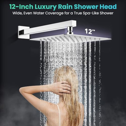gotonovo 12 Inch Bathroom Shower Faucet Set with Slide Bar Polished Chrome | SUS304 Rainfall Shower Head with Handheld Sprayer Combo,Rough-in Valve Trim Kit Complete,Adjustable Handheld Height,All Metal - color: Chrome