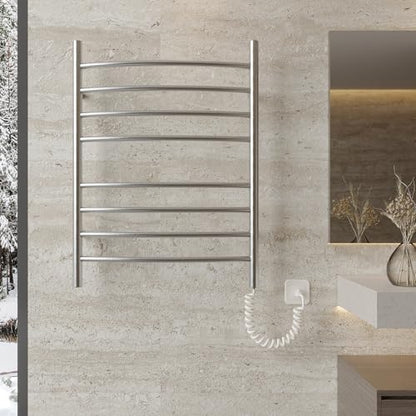 8-Bar Towel Warmer, Heated Towel Rack, Plug-in, Brushed | 304 Stainless Steel Curved 8-Bar Wall-Mounted Towel Warmer With Plug-In Installation Only For Bathrooms - color: Brushed