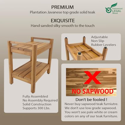 Asta Select Solid Teak 20" Shower Bench with Arms, Portable Teak Wood Spa/Shower/Outdoor Bench with Storage Shelf, Accent Side Table, Fully Assembled, ST-61A