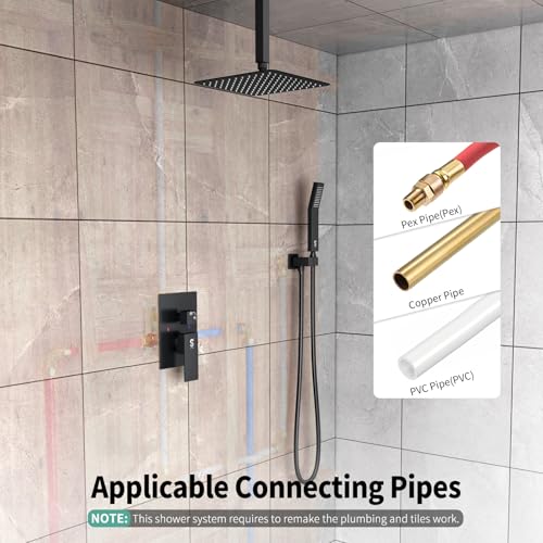 SR SUN RISE 10 Inch Ceiling Mounted Shower System Rain Mixer Shower Combo Set Rainfall Shower Head System Matte Black Shower Faucet Rough-in Valve Body and Trim Included - color: Matte Black, style: 10 inch