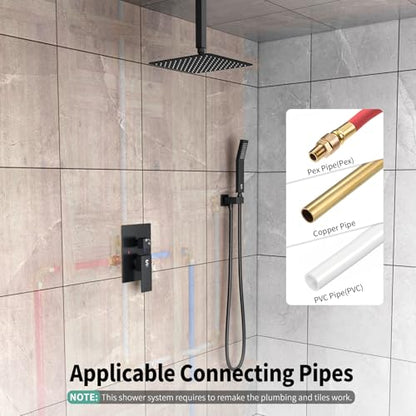 SR SUN RISE 10 Inch Ceiling Mounted Shower System Rain Mixer Shower Combo Set Rainfall Shower Head System Matte Black Shower Faucet Rough-in Valve Body and Trim Included - color: Matte Black, style: 10 inch