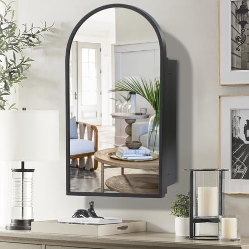 Movo Arched Black Medicine Cabinet with Mirror 16 x30 Inch | Metal Framed Bathroom Mirror Medicine Cabinet Wall Mounted,Recessed Medicine Cabinets for Bathroom with 2 Removable Shelves - size: 4.72"D x 16"W x 30"H