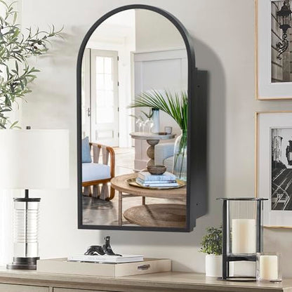 Movo Arched Black Medicine Cabinet with Mirror 16 x30 Inch | Metal Framed Bathroom Mirror Medicine Cabinet Wall Mounted,Recessed Medicine Cabinets for Bathroom with 2 Removable Shelves - size: 4.72"D x 16"W x 30"H
