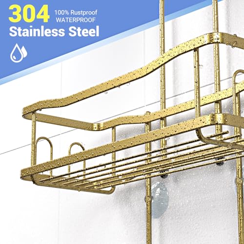 Hanging Shower Caddy Over Shower Head - No Drill Rustproof Shower Rack | Includes Soap Holder and Hooks for Shampoo, Conditioner, and Bathroom Essentials with Stable Storage in Any Shower Space - color: Gold