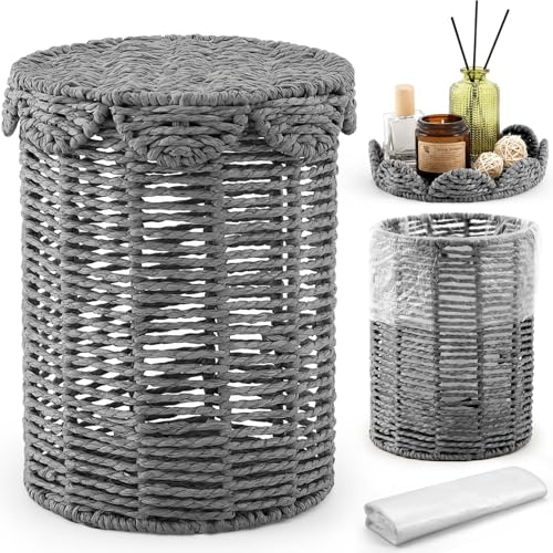 Ctosree 1.3 Gallons Small Wicker Trash Can with Lid Handle Woven Wicker Rattan Bathroom Waste Basket Boho Trash Basket with 100 Plastic Garbage Bags for Bedroom Office Laundry (Scalloped Style, Gray) - color: Gray, size: 1.3 Gallons, style: Scalloped Styl