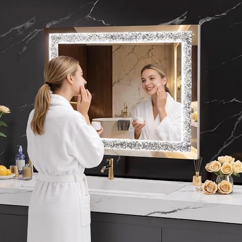 WINNICE 32" x 24" LED Diamond Wall Mirror, Dim & Anti-Fog | Crystal glass, dimmable & anti-fog, mounts vertical/horizontal, ideal for bathroom, bedroom, living room. - size: 24"L x 32"W
