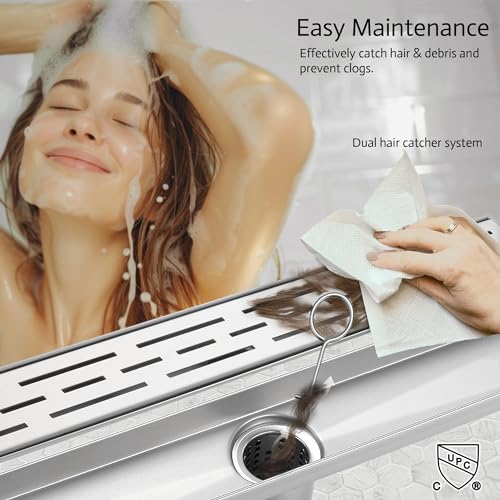 Linear Shower Drain, 32" Brushed Nickel, Easy to Install & Clean | Including Hair Catcher & Removable Grate, Fits No-hub System, 304 Stainless Steel(Drain Base Not Included) - color: Brushed Nickel, size: 32 inch