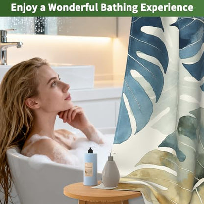 Tropical Leaves Shower Curtain with Detachable Weighted Liner, No Hook Monstera Leaf Tall Shower Curtain with Ventilation Window, Summer Waterproof Fabric Bathroom Shower Curtain Sets, 71x74 Inches - color: Monstera