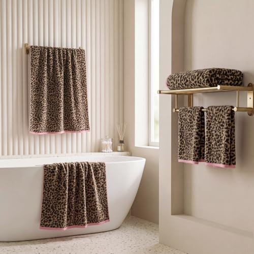 REDKISS Leopard Print Towel Set of 6,100% Cotton Bathroom Towels,Quick Dry & Absorbent,2 Bath Towel, 2 Hand Towel, 2 Washcloth-Dark Brown - color: Dark Brown