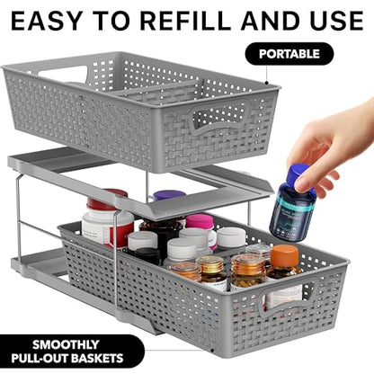 Simple Houseware 2 Tier Pull-Out Sliding Drawer Under Sink Storage, Gray | Great for Kitchen Bathroom Tray Shelf Organizer - color: Gray