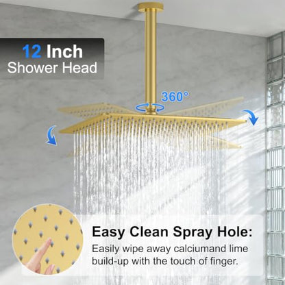 Brushed Gold Rainfall Shower System – Complete Spa Faucet Set with Handheld Sprayer & Mixer Valve –Tub Spout Bathroom Fixture Trim Kit - color: Brushed Gold, size: 6''+12''+Bathtub Faucet