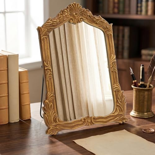 Besdomus Antique Makeup Desk Mirror: 11"x14.5" Small Gold Bow Table Vanity | Antique Standing Carved Mirror - Baroque Traditional Ornate for Bedroom/Vanity Table/Living Room - Ideal for Ages 18-45 - size: 11"L x 14.5"W