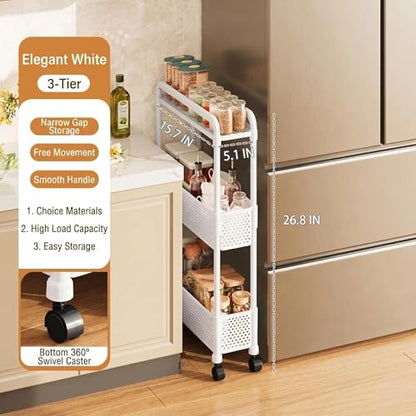 3-Tier Narrow Storage Shelf, Slim Rolling Cart with Wheels, White | 5.1" Slide Out, 15.7 x 5.1 x 26.8 in, Plastic PP, For Kitchen, Bathroom, Laundry, Pantry Organizer