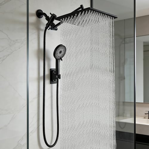 12 Inch Shower Head, Rain Shower Head with Adustable Extension Arm, Detachable Matte Black Rina Shower Head with Handheld Spray, High Pressure Shower Hose with Holder in Bathroom(Black) - color: Black, size: 12 Inch - Standard