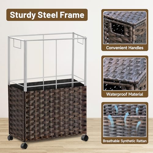 70L Slim Laundry Hamper with Lid & Wheels, Rolling Laundry Basket with 2 Removable Liner Bags & 3 Mesh Bags, Narrow Dirty Clothes Basket, Foldable Handwoven Rattan Laundry Sorter, Brown - color: Brown