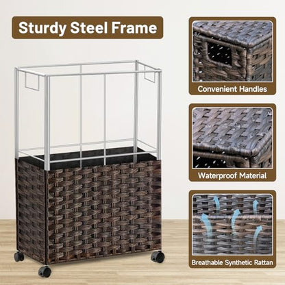70L Slim Laundry Hamper with Lid & Wheels, Rolling Laundry Basket with 2 Removable Liner Bags & 3 Mesh Bags, Narrow Dirty Clothes Basket, Foldable Handwoven Rattan Laundry Sorter, Brown - color: Brown