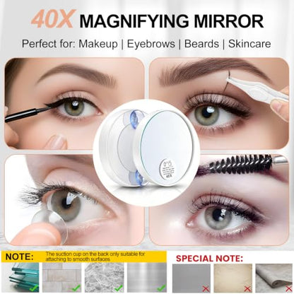 LED Lighted Tweezers & 40X Magnifying Mirror with Suction Cup Set, 2 in 1 No-Hands Makeup Mirror with Light and Precision Light Up Tweezers (White) - color: White