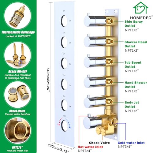 HOMEDEC 14x20" and 6" Shower Heads with Bathtub Spout, 5-Way Diverter Valve with Handheld and 6 Body Jets Rain Full Body Shower System Set, Chrome - color: Chrome, style: 5-Way + 1x 6" Top + Spout