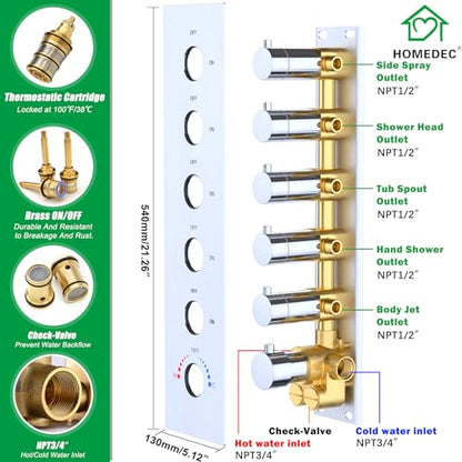 HOMEDEC 14x20" and 6" Shower Heads with Bathtub Spout, 5-Way Diverter Valve with Handheld and 6 Body Jets Rain Full Body Shower System Set, Chrome - color: Chrome, style: 5-Way + 1x 6" Top + Spout