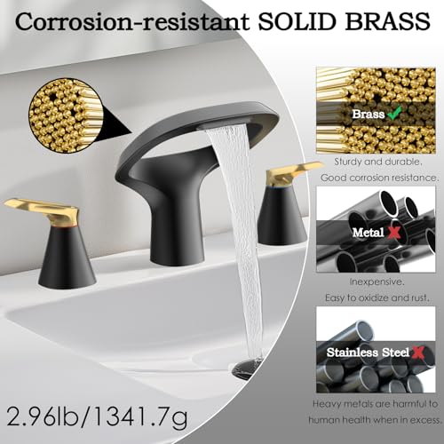 Black Bathroom Faucet 3 Hole, Modern Faucet for Bathroom Sink with Adjustable Spout, Solid Brass 8 Inch Widespread Waterfall Bathroom Faucets with Water Supply Hoses and 2 Gold Handles - color: Black Gold, style: Modern