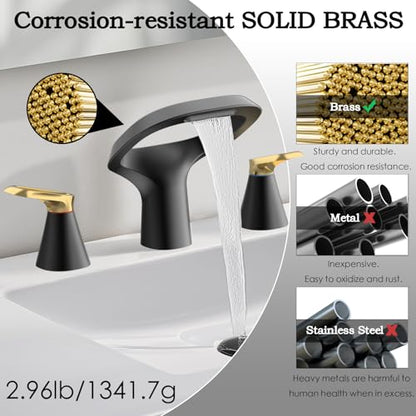 Black Bathroom Faucet 3 Hole, Modern Faucet for Bathroom Sink with Adjustable Spout, Solid Brass 8 Inch Widespread Waterfall Bathroom Faucets with Water Supply Hoses and 2 Gold Handles - color: Black Gold, style: Modern