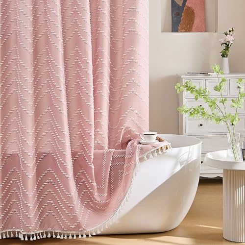 Siiluminisoy Pink Shower Curtain with Tassel Woven Fabric Boho Shower Curtain Cute Farmhouse Textured Tufted Chevron Striped 72 x 72 Bathroom Shower Curtain - color: A Pink, size: 72"W x 72"L (Pack of 1)