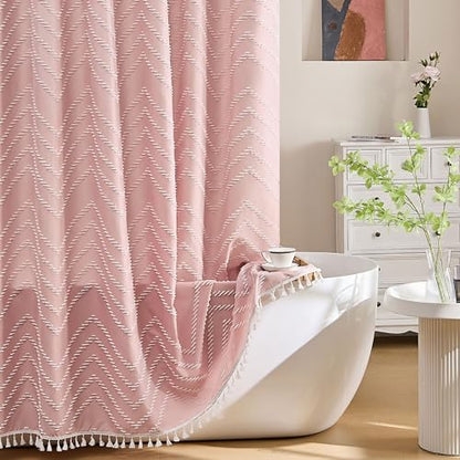 Siiluminisoy Pink Shower Curtain with Tassel Woven Fabric Boho Shower Curtain Cute Farmhouse Textured Tufted Chevron Striped 72 x 72 Bathroom Shower Curtain - color: A Pink, size: 72"W x 72"L (Pack of 1)