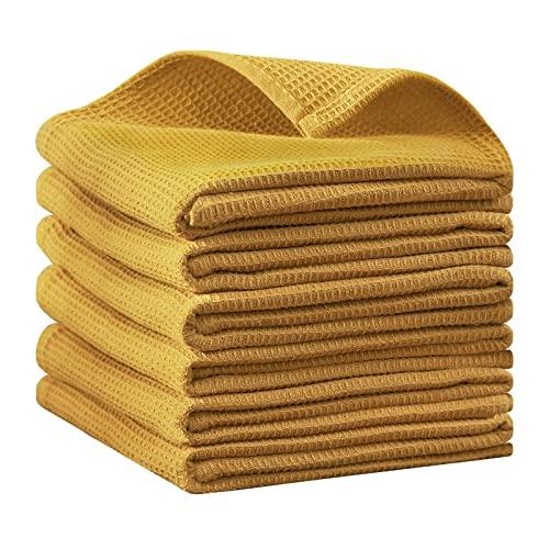 QUILTINA Dish Towels Set, 100% Cotton Waffle Weave Kitchen Towels 6 Pack, 17 x 25 Inches, Super Absorbent for Drying and Cleaning, Mustard Yellow - color: Mustard Yellow, size: 17 x 25 - 6 Pack