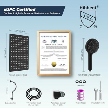 Hibbent 12'' All Metal CUPC Certified Shower Head, High Pressure Rainfall Shower Head, Handheld Showerhead Combo, 12'' Adjustable Extension Arm, 10-Spray, 71'' Hose, Showerhead Holder, Matte Black - color: Matte Black, style: Square 12''