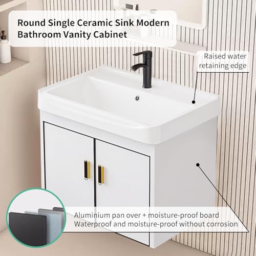 20 Inch Wall Mounted Bathroom Vanity with Sink, Modern Floating Bathroom Cabinet with Integrated Ceramic Basin, Soft Close Double Doors, Complete Faucet & Plumbing Hardware Set for Small Bathroom