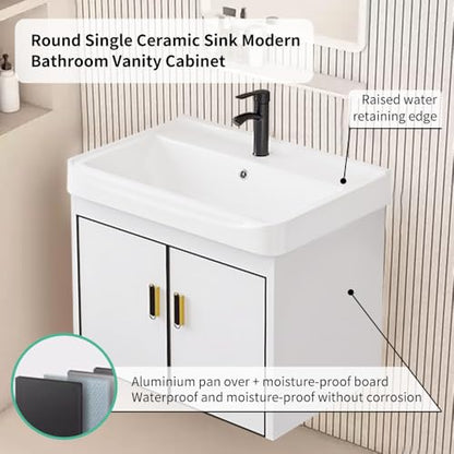 20 Inch Wall Mounted Bathroom Vanity with Sink, Modern Floating Bathroom Cabinet with Integrated Ceramic Basin, Soft Close Double Doors, Complete Faucet & Plumbing Hardware Set for Small Bathroom