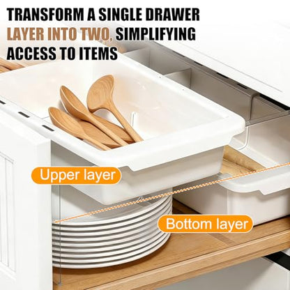 2 Pack Expandable Deep Drawer Organizer with Dividers, Sliding Drawer Tray | Adjustable Plastic Drawer Organizer with Removable Dividers for Kitchen, Bathroom, Bedroom & Desk Utensil Sorting, White