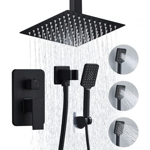 8 Inch Shower Faucet Set Ceiling Mount, High Pressure Rainfall Shower System Square Rain Shower Head with Handheld Spray Combo, Ceiling Luxury Rainfall Shower Fixtures Matte Black (3-Setting) - color: Matte Black, style: 8 Inch-3 Setting
