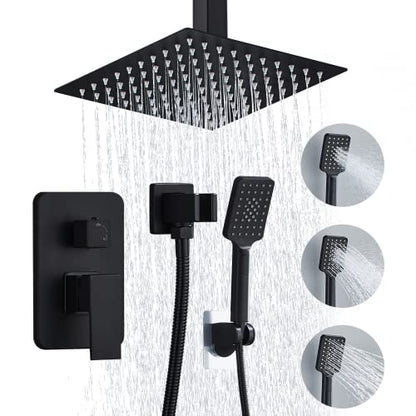 8 Inch Shower Faucet Set Ceiling Mount, High Pressure Rainfall Shower System Square Rain Shower Head with Handheld Spray Combo, Ceiling Luxury Rainfall Shower Fixtures Matte Black (3-Setting) - color: Matte Black, style: 8 Inch-3 Setting