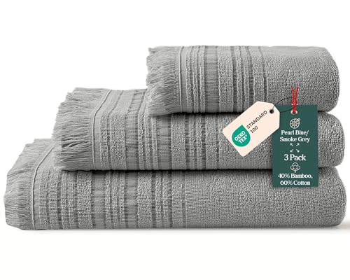 Chakra Derin 40% Rayon Derived from Bamboo 60% Turkish Cotton Bath Towels Set, 3-Piece Luxury 13"x13" Washcloth, 20''x30'' Hand & 30"x56" Bath Towel Set for Bathroom, Pearl Blue/Smoke Grey - color: Pearl Blue/Smoke Grey - Derin, size: 3-Piece Set - (13"x1