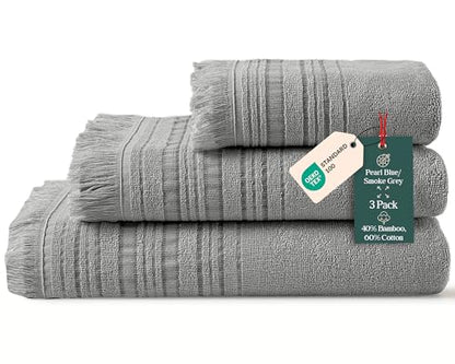 Chakra Derin 40% Rayon Derived from Bamboo 60% Turkish Cotton Bath Towels Set, 3-Piece Luxury 13"x13" Washcloth, 20''x30'' Hand & 30"x56" Bath Towel Set for Bathroom, Pearl Blue/Smoke Grey - color: Pearl Blue/Smoke Grey - Derin, size: 3-Piece Set - (13"x1