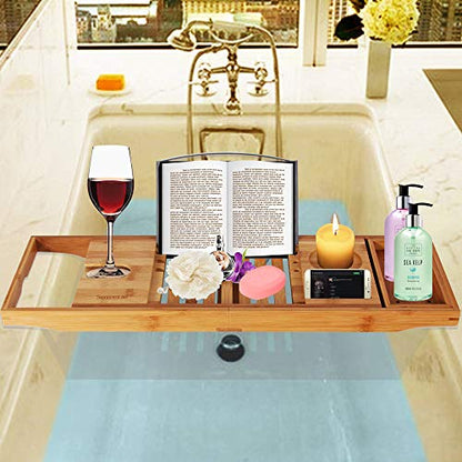 Adjustable Bamboo Bathtub Caddy Tray - Natural Wood Luxury Bath Tub Organizer w/Wine Holder, Soap Dish, Cup Slot, Book Tablet Holder, and Phone Slot for Spa, Bathroom, Shower - SereneLife