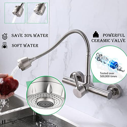 Wall Mount Faucet 8"" Center, with Flexible Hose and Dual Functional Sprayer - color: Style A, Brushed Nickle