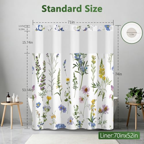 Floral No Hook Shower Curtain and Liner Set, Double-Layer Waterproof Shower Curtains for Bathroom, Washable Shower Curtain with Snap in Liner, Weighted Bottom and Breathable Mesh Window, 71x74 Inches - color: Blooming Wildflowers