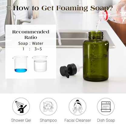 Luxspire Foaming Soap Dispenser 15oz Hand Soap Bottle, Olive Green, 2 Pack | Anti-drip pump, wide mouth easy refill, non-slip silicone base, 7 waterproof labels, bathroom and kitchen sink use - color: Olive Green