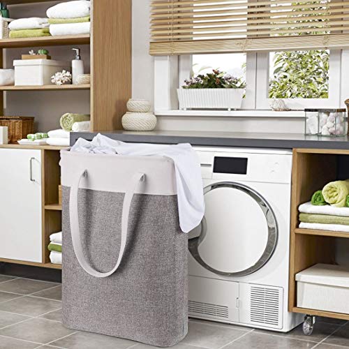 Laundry Basket with Handles white&Grey Coffee-Slim Laundry Bin Collapsible Dirty Clothes Basket Narrow Laundry Bag Foldable Dirty Hamper for Camping, Dorms, Apartments - color: white&Grey Coffee