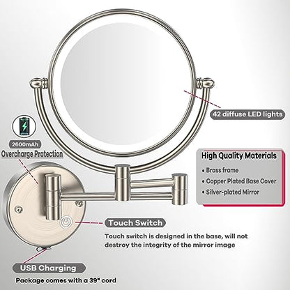 Wall Mounted Makeup Mirror with Lights, Brass, Brushed Nickel | 2 Sided 1/5X Magnifying, Bathroom Vanity Cosmetic, Touch Sensor, 3 Color Lighting, Extended Arm, 360 Rotation, Rechargeable - color: Brushed Nickel