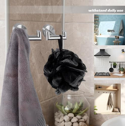 Set of 2 Double Brushed Nickel Towel Holder for Bathrooms - Stainless Steel Cup Hooks for Shower - Towel Holder Shower Hooks for Inside - Stylish Bath Hook