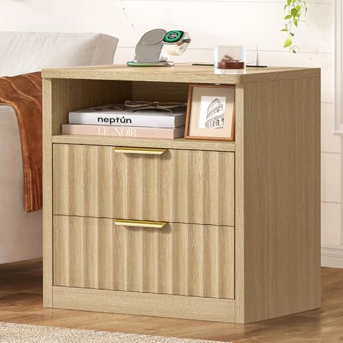 Fluted Night Stand, Nighstand with Charging Station and LED Light, Modern Bed Side Table for Small Space, Storage Drawer and Open Shelf, for Bedroom, Natural - color: Unbzx024rd-zf